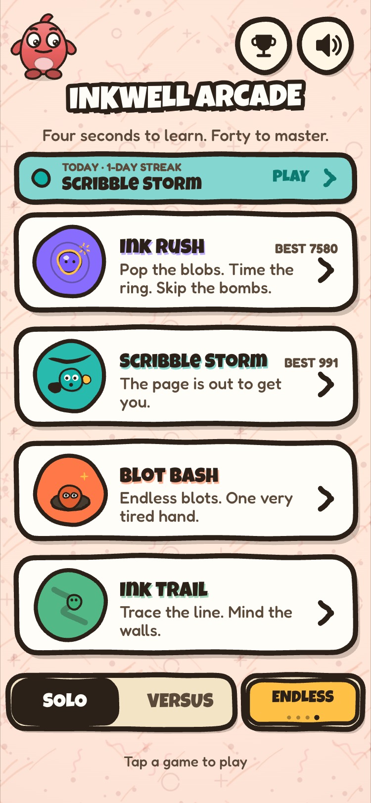 Inkwell Arcade home screen showing the four games and the red mascot