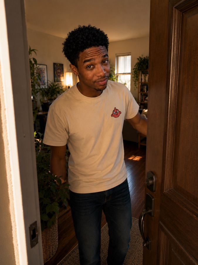 Person wearing a bone-coloured Inkwell Arcade tee with the small red mascot printed on the left chest.