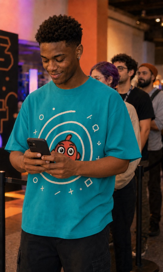 Person wearing a teal oversized Inkwell Arcade tee with the Ink Rush target rings and the mascot design.